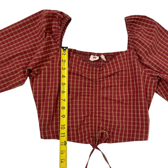 Levis Plaid Crop Blouse Devin Puff Sleeve Top Western Country Red SZ Small - Picture 14 of 16